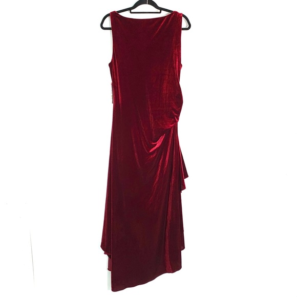 NWT Eliza J Velvet High Low Long Dress Size 14 Burgundy Cowl Neck Drape Rosette - Picture 7 of 15